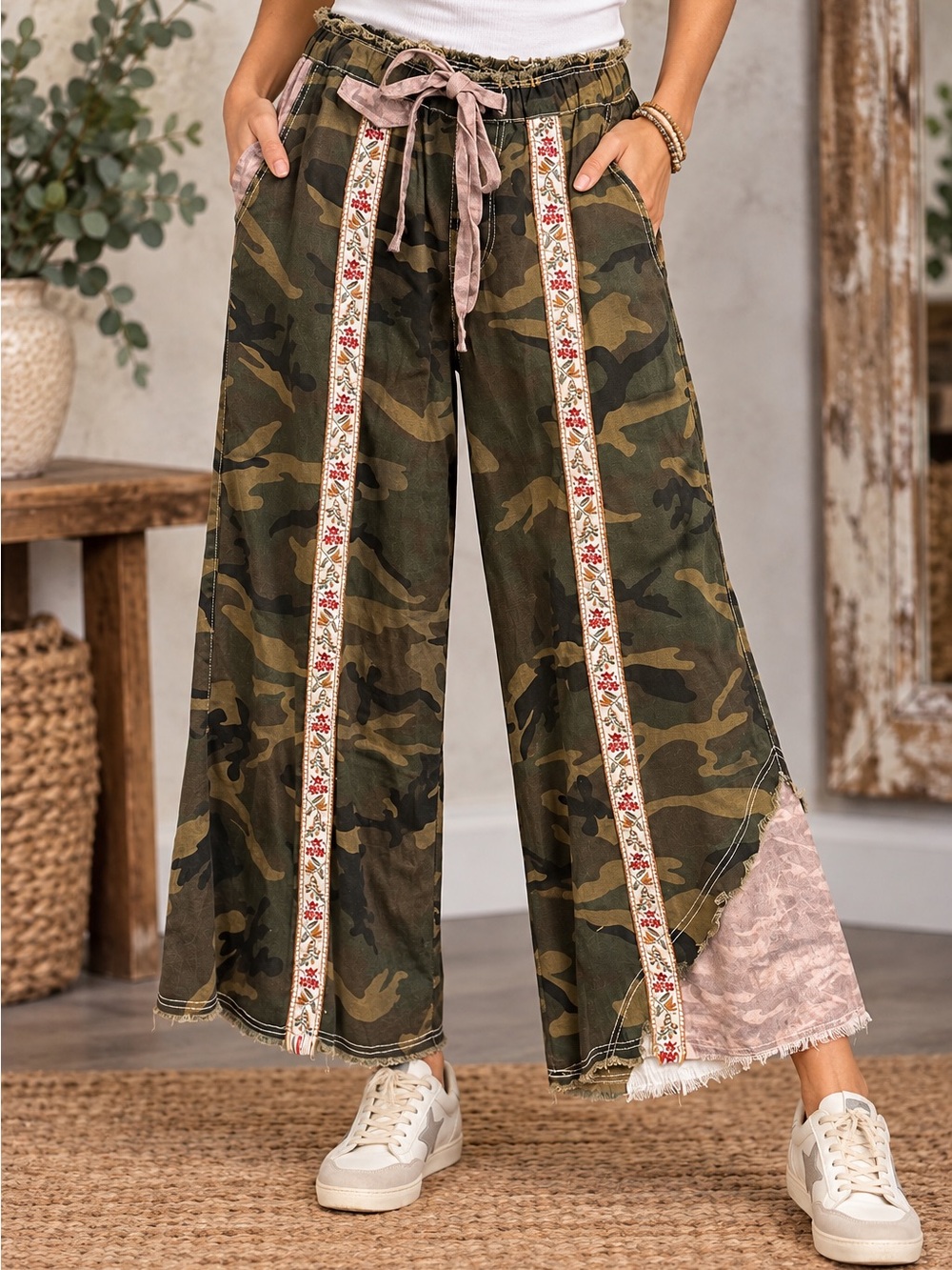 POL Camo Patchwork Wide Leg Pants Boho Floral Trim NWOT